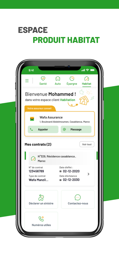 A smartphone screen displaying the home insurance section of the My Wafa app with policy info and contact options.