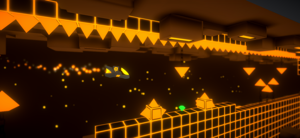 Geometry Jump 3D - A futuristic craft flying through a dark level with glowing orange geometric obstacles in Geometry Jump 3D