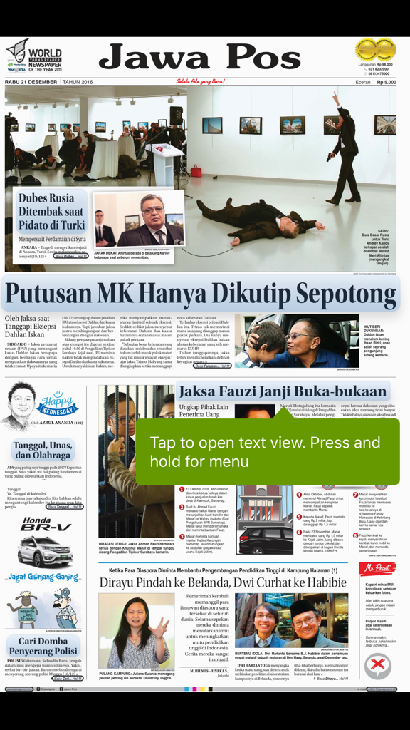 Jawa Pos E-Paper - Digital newspaper layout in the Jawa Pos E-Paper app featuring headlines and navigation tips