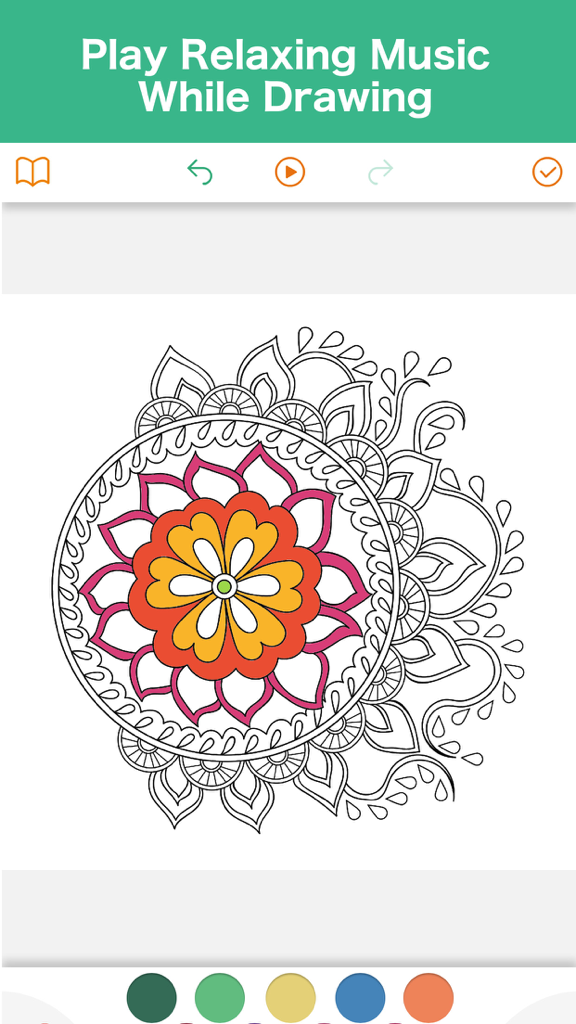 Color Easy: Coloring Book - Mandala coloring interface in Color Easy app with relaxing music feature.