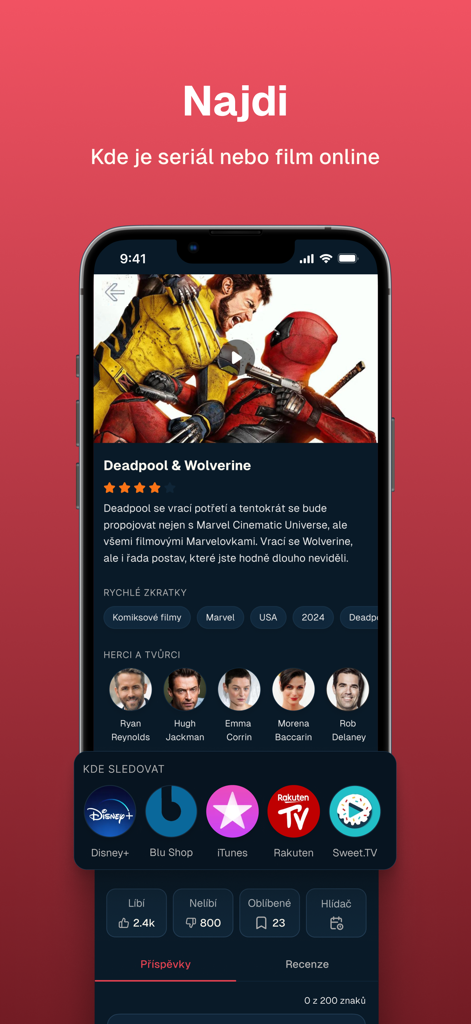 Filmtoro app screen showing streaming options for the movie Deadpool and Wolverine including Disney Plus and iTunes.