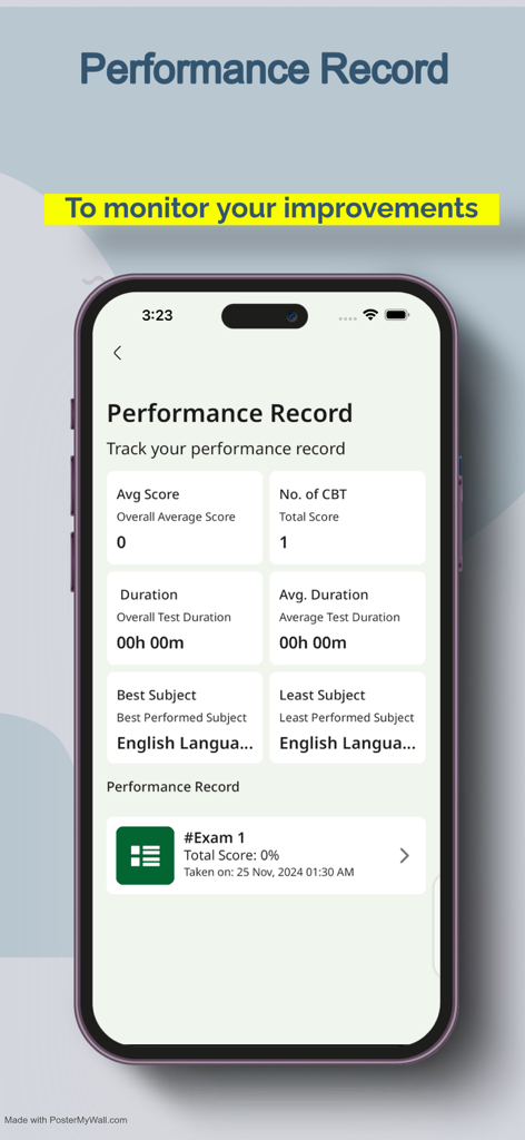 Performance Record screen showing average scores and subject performance for exam preparation