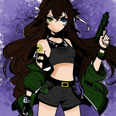 bad girl wearing crop top holding a gun long hair anime