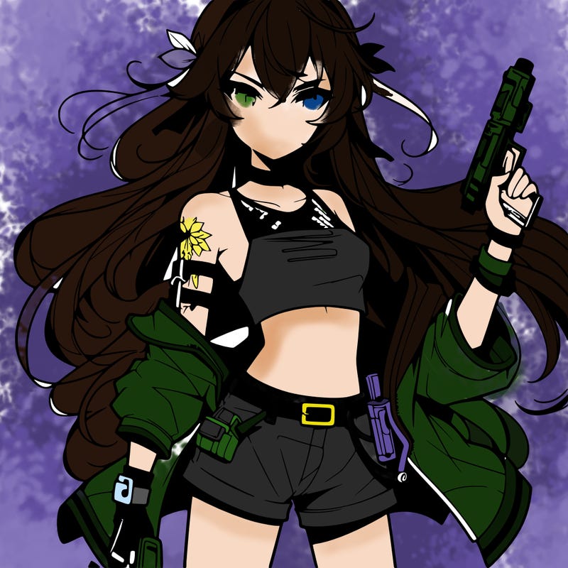 bad girl wearing crop top holding a gun long hair anime