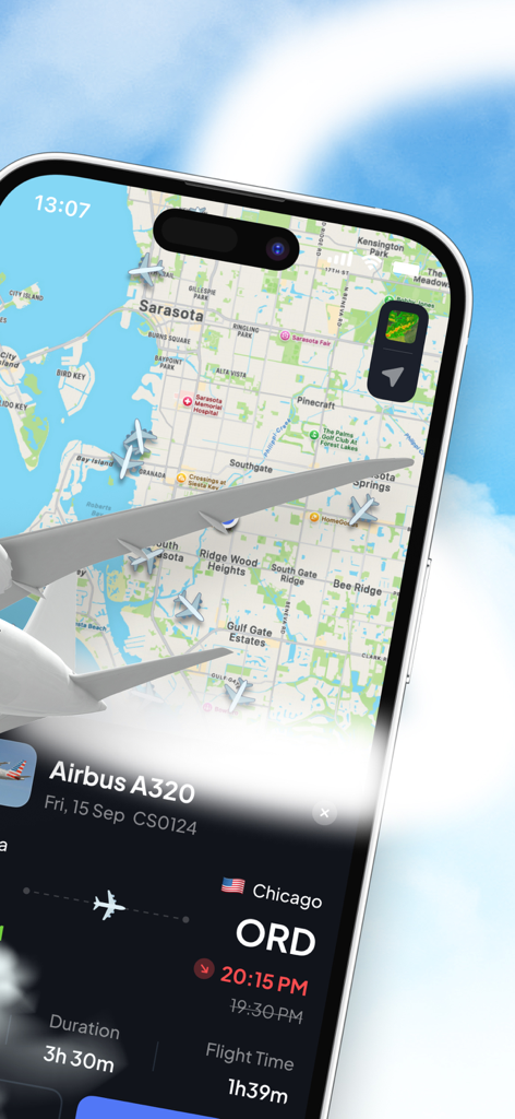 Sky Sync - Live Flight Tracker - Smartphone displaying Sky Sync app with a live flight tracking map and arrival details for a flight to Chicago