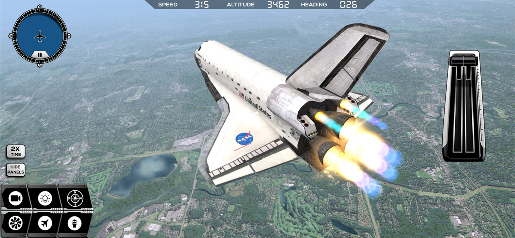 NASA Space Shuttle Endeavour fliegt über eine Landschaft in Flight Simulator FlyWings 2014
