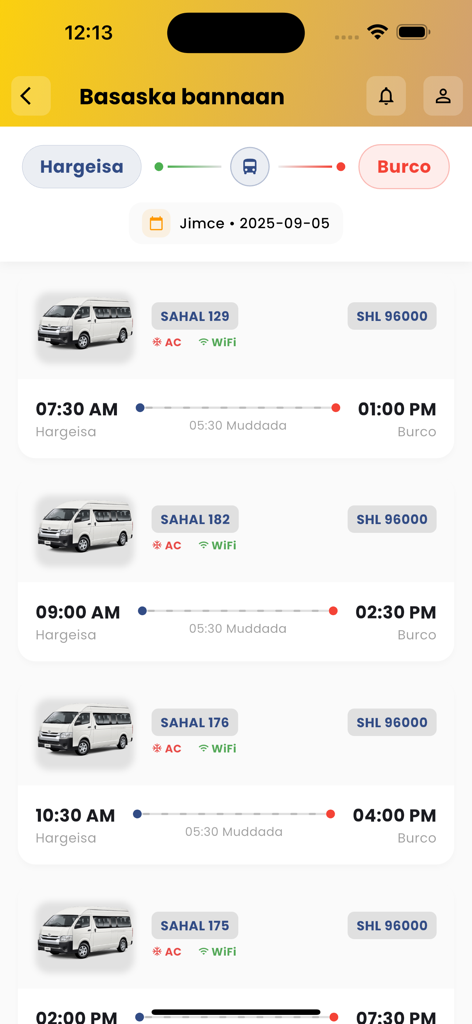 Tela de reserva de ônibus no aplicativo Sahal Transport mostrando rotas de Hargeisa para Burco