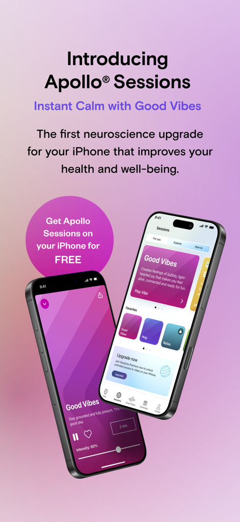 Apollo Neuro - Interfaccia dell'app Apollo Neuro che mostra la sessione Good Vibes per il sollievo dallo stress su iPhone