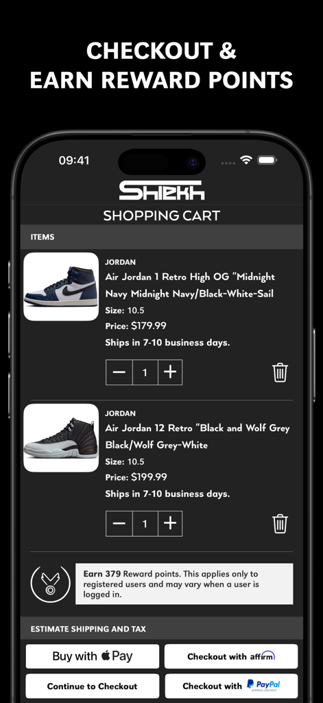 Interfaz del carrito de compras de la aplicación Shiekh Shoes mostrando zapatillas Air Jordan y varias opciones de pago
