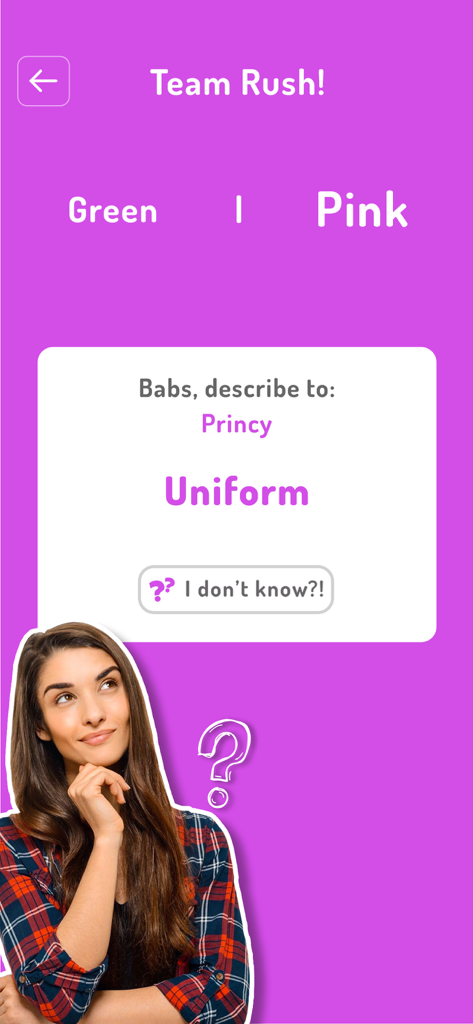 Boom - Fun Party Game - Screenshot of the Team Rush mode in the Boom party game app showing the word Uniform for a player to describe to their teammate