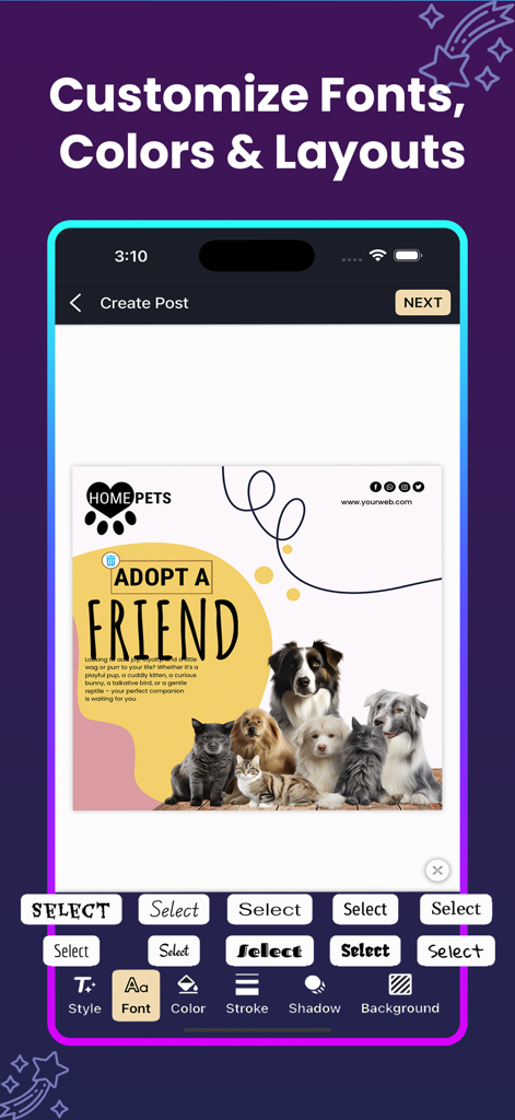 Flyer Maker - Poster Creator - ペットの里親募集フライヤーテンプレートで、フォントや色のカスタマイズオプションを表示するモバイルアプリインターフェース。