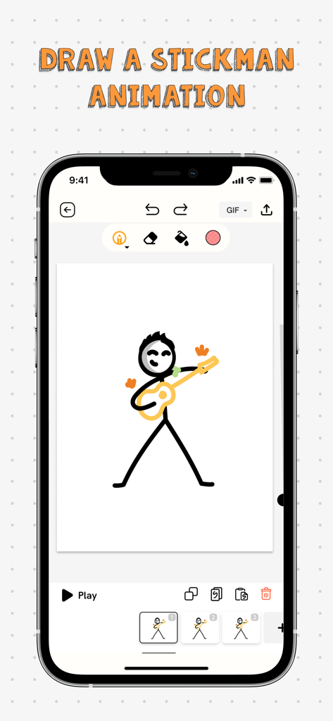 A mobile phone screen showing a 2D animation app interface with a stickman playing guitar on a drawing canvas.