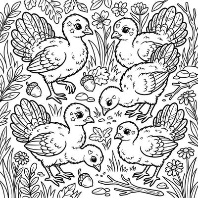 Unleash your artistic flair with this enchanting coloring page featuring adorable baby turkeys in a vibrant natural setting. Designed specifically for teens, it offers intricate details and engaging elements to spark your imagination.