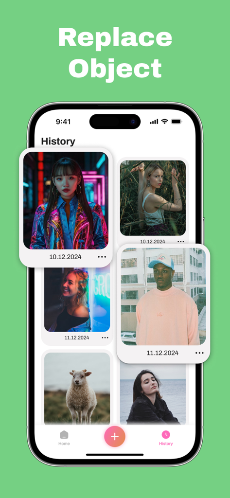 Photo eraser - AI retouch - Tela de histórico do aplicativo Borracha de Fotos Retoque IA mostrando uma galeria de fotos editadas anteriormente, incluindo retratos e objetos