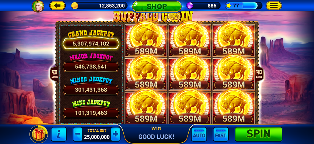 Buffalo Coin slot machine screen with large jackpots and golden buffalo symbols in Golden City Casino app
