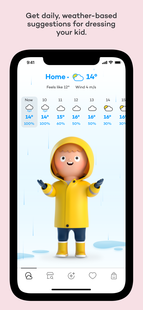 Uma captura de tela do aplicativo Reima mostrando sugestões de vestuário baseadas no clima para crianças com um personagem 3D em uma capa de chuva amarela.