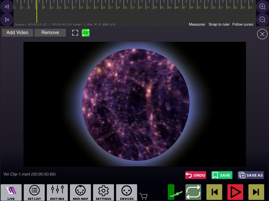Live Multitrack 2 - Interfaz de Live Multitrack 2 que muestra un reproductor de vídeo sincronizado con una línea de tiempo para actuaciones de música en directo