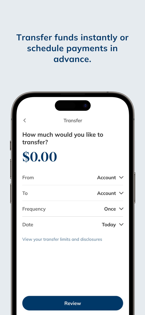 Tela de transferência de fundos do Beacon Bank Mobile com opções para agendar pagamentos