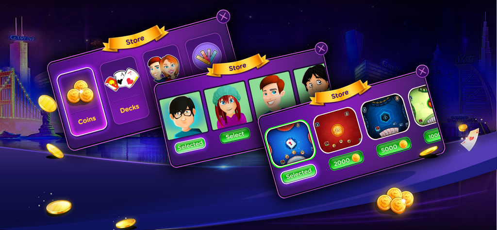 Bhabhi Card Game store interface showing avatar selection and table skin options