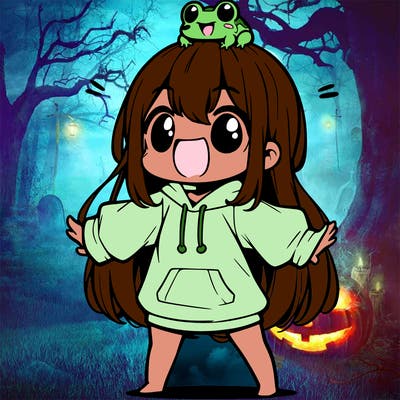 a excited chibi girl whith long hair and a baggy shirt whith a frog on there head