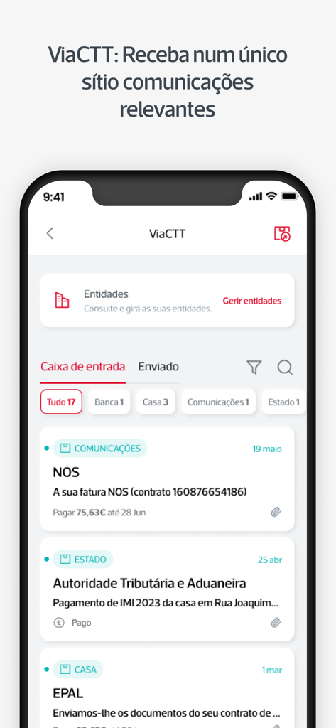 Pantalla ViaCTT de la aplicación CTT mostrando un buzón digital con comunicaciones de servicios públicos y autoridades fiscales.