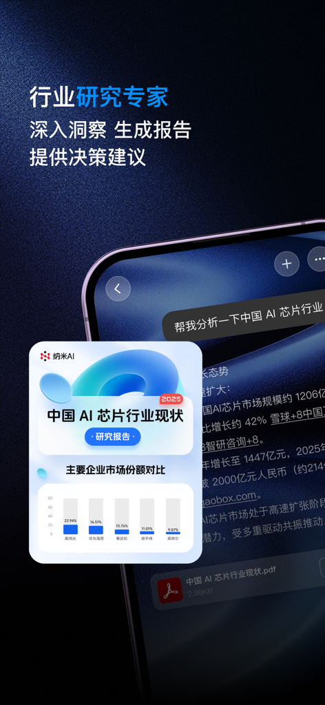 纳米AI -- 多智能体蜂群 - Interfaz de la aplicación Nano AI que muestra capacidades de investigación de la industria e informe generado con gráficos.