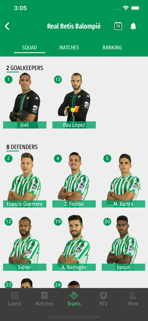 La app oficial del Real Betis muestra la lista de la plantilla de jugadores con fotos.