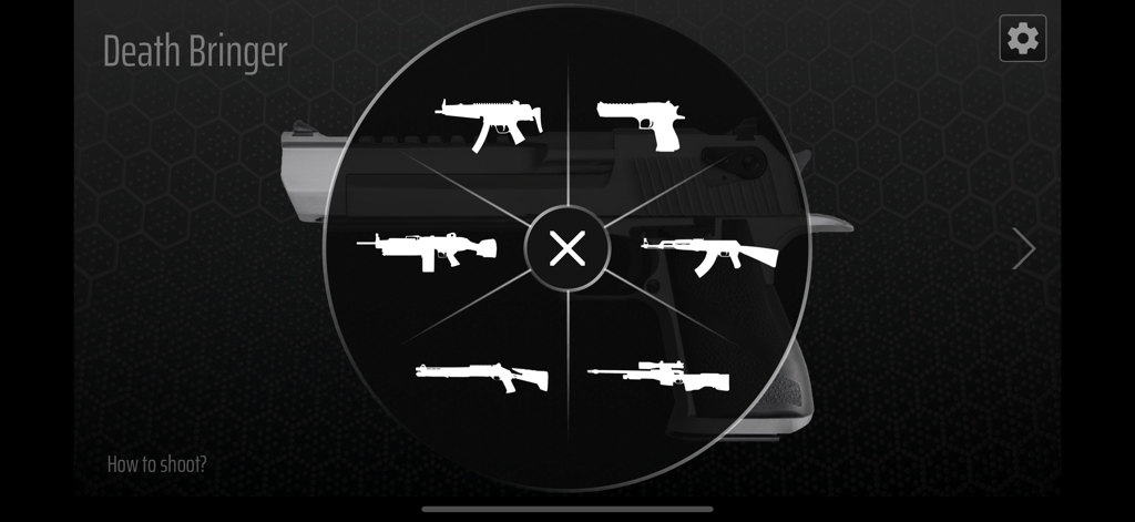 Gun Simulator - Shake to shoot - Una rueda de selección de armas que muestra iconos blancos de varias armas como una pistola, un francotirador y un rifle de asalto