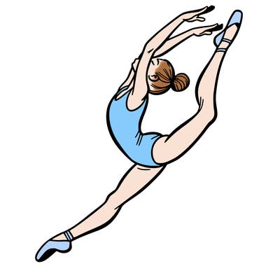 gymnast doing a leap in a leotard with a bent back leg