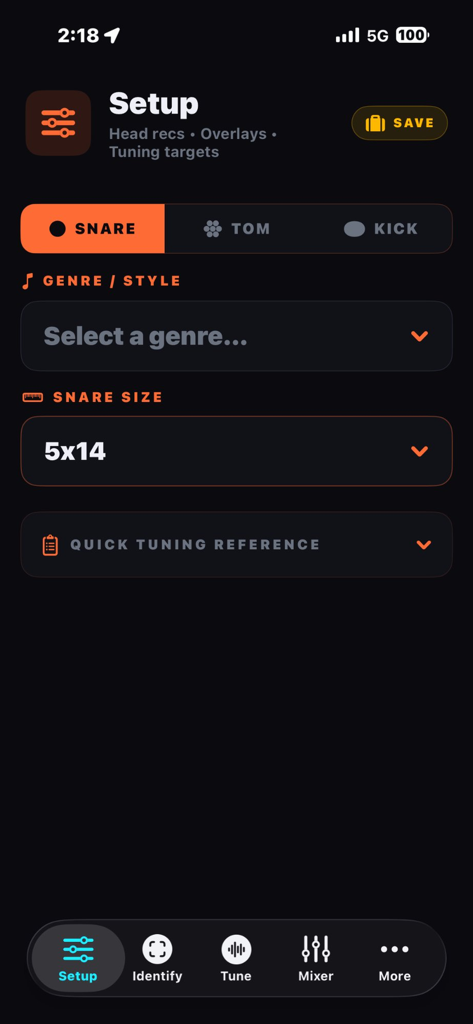 Snare Lab - La pantalla de configuración de la aplicación Snare Lab mostrando opciones para seleccionar el tipo de batería, género y tamaño de la tarola.