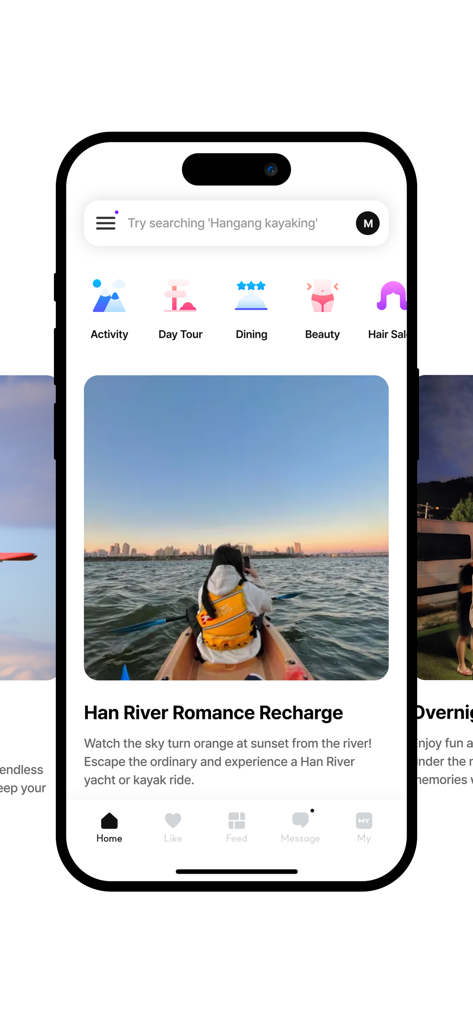 Frip - Experience Korea - A smartphone displaying the Frip app interface with a featured sunset kayaking activity on the Han River in Korea.