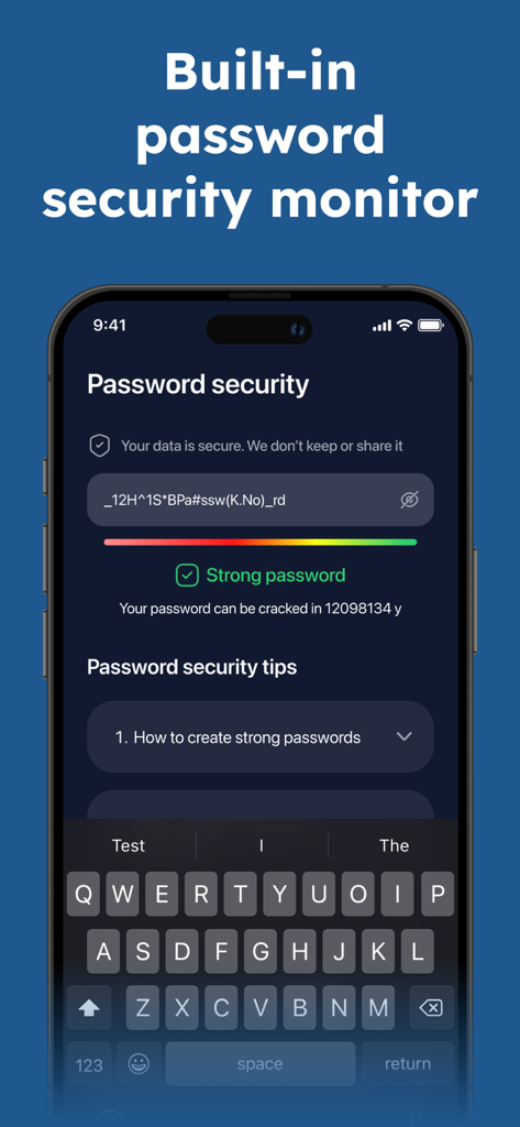 Anti-Hacker VPN Pro mobile app screenshot showing the password security strength monitor and tips