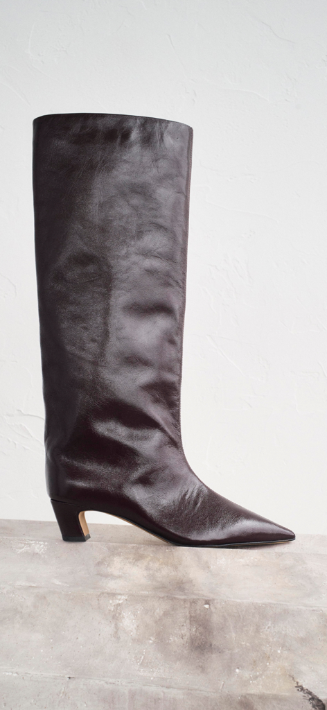 Dark brown leather knee high boot with pointed toe