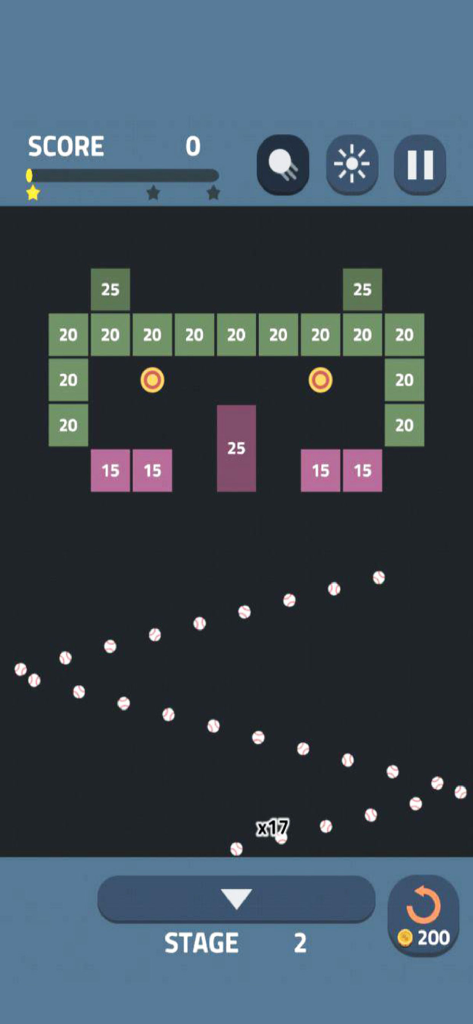 Bricks Master Legend - A screenshot of Bricks Master Legend mobile game showing balls aiming at numbered bricks in stage 2.