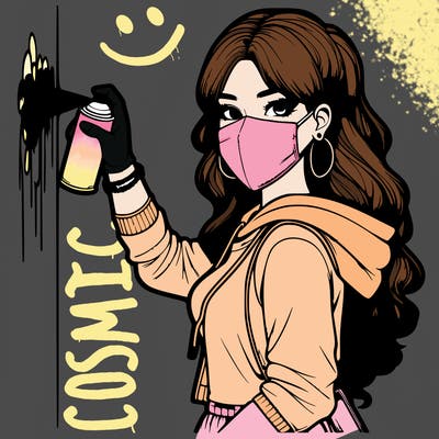 realistic girl with mask spray painting a wall