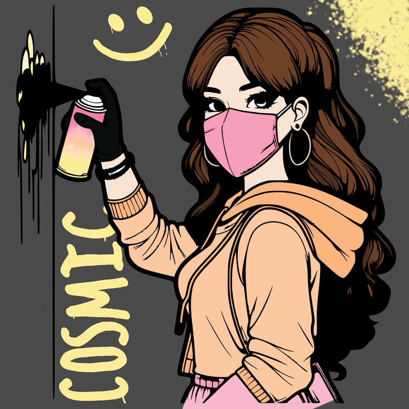 realistic girl with mask spray painting a wall