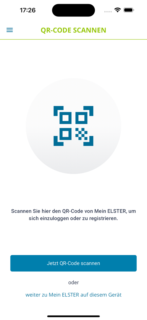 ElsterSecure app interface for scanning a QR code to log in to the German tax portal