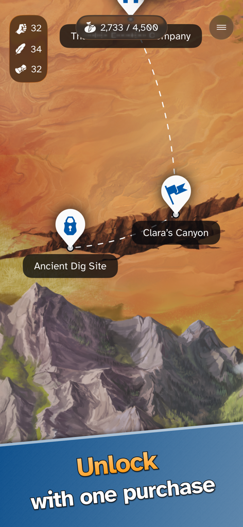 A screenshot of the Land of Livia map interface showing desert locations and a banner reading Unlock with one purchase.