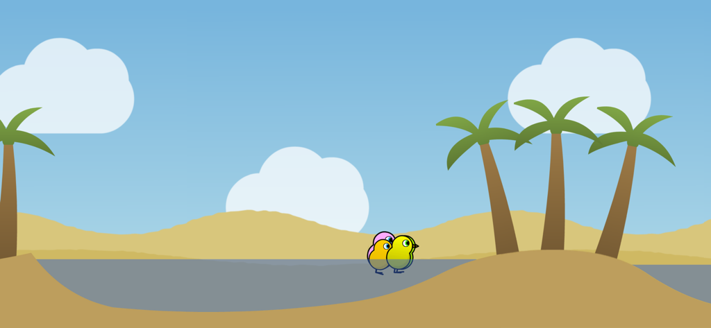 Three colorful ducks standing on a tropical beach with palm trees