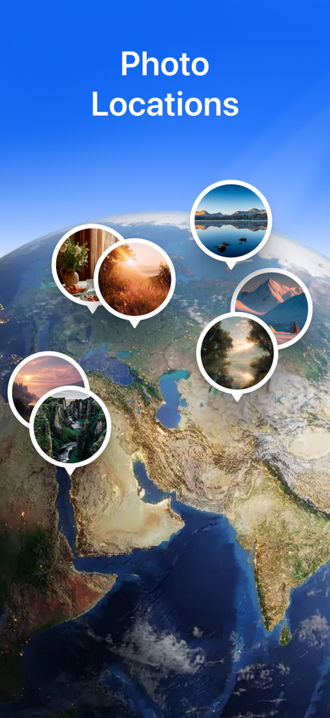 Clean Up Storage · - A globe visualization showing photo locations with circular image pins.