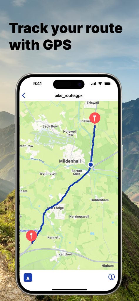 GPX View - Un teléfono móvil mostrando una ruta ciclista GPS azul en un mapa usando la aplicación GPX View