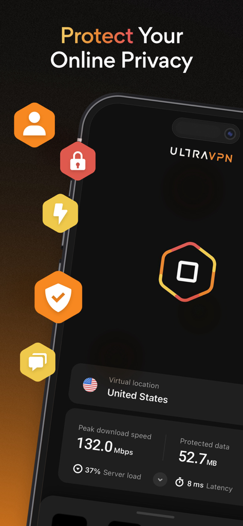 VPN Secure Proxy: UltraVPN™ - UltraVPN app interface showing United States virtual location connection with high speed metrics and security icons