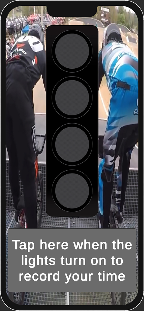 BMX Gate Reaction Time - BMX gate start reaction time simulator screen with vertical light sequence and tap to record button