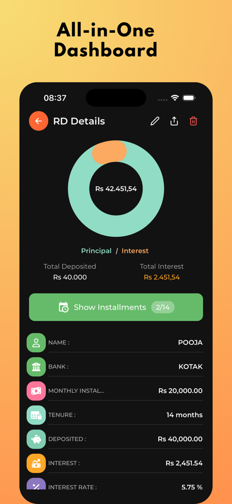 FD-Manager app screen showing detailed recurring deposit info and interest growth chart