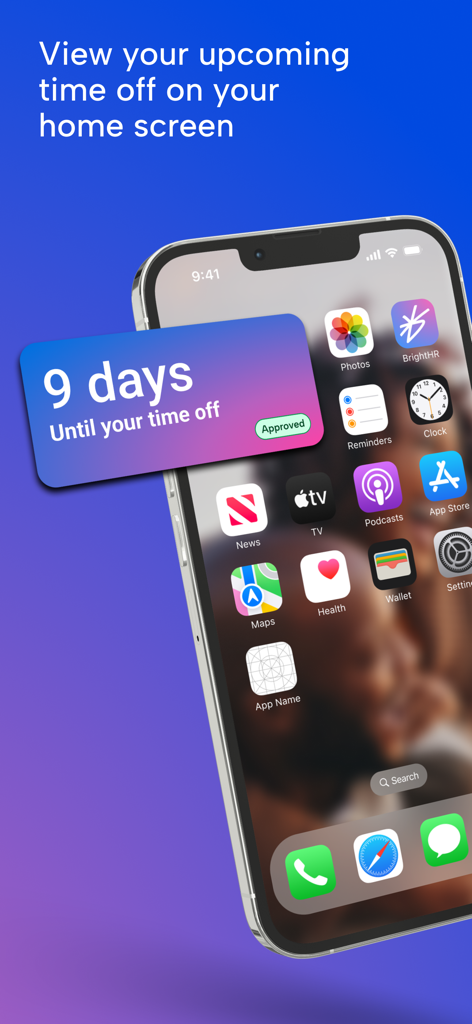 BrightHR - 承認された休暇まであと9日であることを示すBrightHRホーム画面ウィジェット