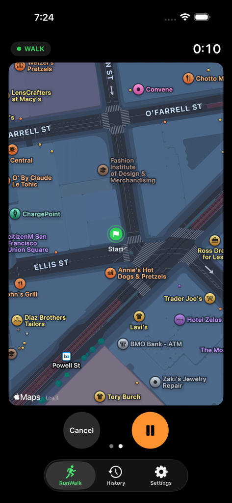 WalkRun app interface showing a live GPS map with interval timer and workout controls during a session.