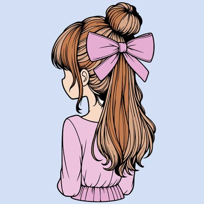 realistic girl  with hip length hair a bun and a big bow on the back of head