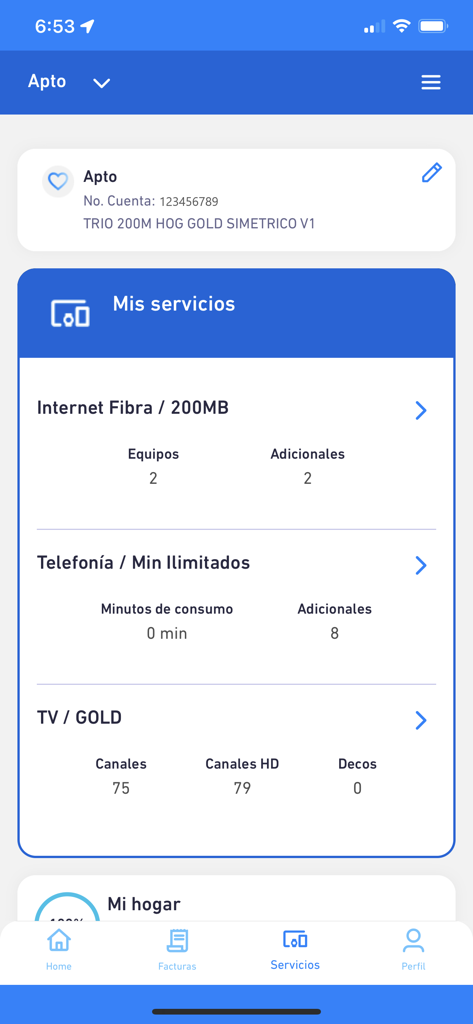 Mi ETB app interface showing a summary of contracted services including fiber internet, unlimited telephony, and gold TV plans