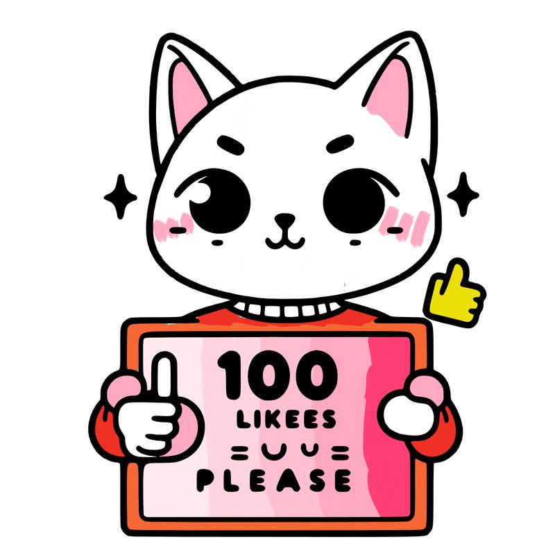1 human cat with a sign that says 100 likes please