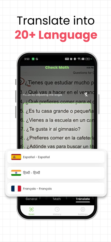 Math Solver－AI Homework Helper - A screenshot of the Math Solver app showing its language translation feature for homework questions.